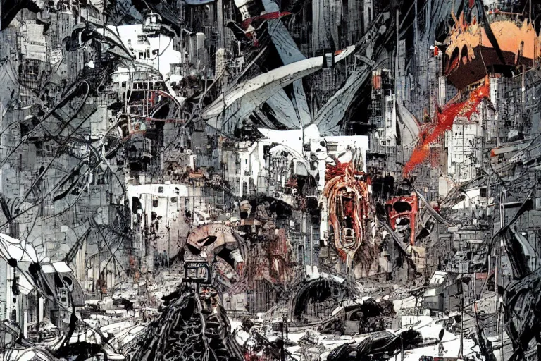 Image similar to no man's land, remnants of the human civilization, post-apocalyspe, a color illustration by Tsutomu Nihei, Tetsuo Hara and Katsuhiro Otomo