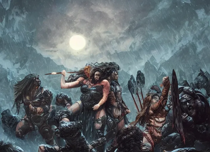 Image similar to giant darkseid attacking an encampment of amazon female beautiful goth warriors during a blizzard, highly detailed, digital illustration, artstation, concept art, matte, sharp focus, illustration, dramatic, full moon, art by artgerm and greg rutkowski and alphonse mucha