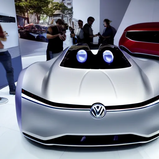 Prompt: a volkswagen vision granturismo style concept car for the metaverse in a showroom