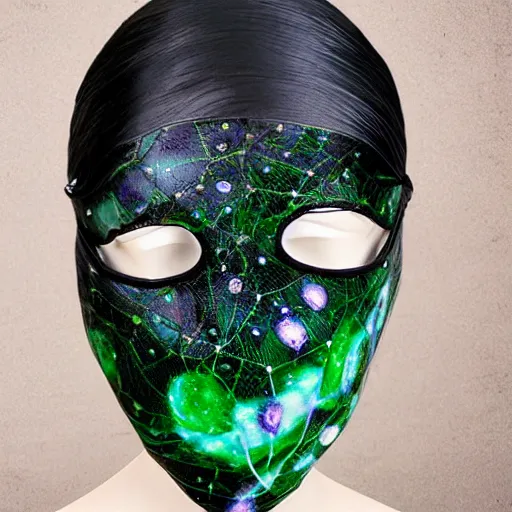 Prompt: hyphae dream machine universe cosmic net mask with emerald white black fungal plants dripping liquid latex embossed tentacular waterly biocouture