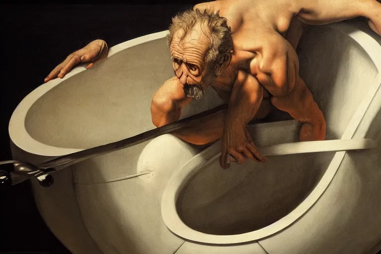 Image similar to hyperrealism aesthetic ridley scott and caravaggio style photography of detailed giant siting on a detailed ultra huge toilet bowl in surreal scene from detailed art house movie in style of denis villeneuve and wes anderson