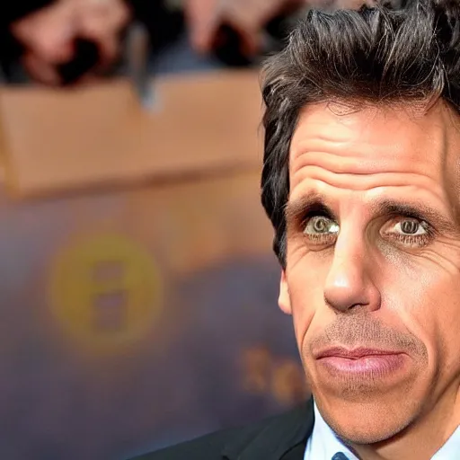 Image similar to a selfie of ben stiller sad because he got mustard on his shirt