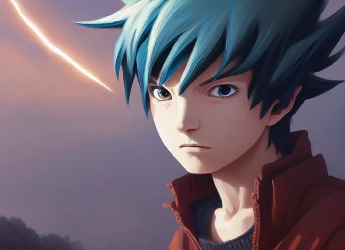 Image similar to highly detailed portrait of a boy with thunder powers, in naruto, stephen bliss, 8 k, unreal engine, fantasy art by greg rutkowski, loish, rhads, ferdinand knab, makoto shinkai and lois van baarle, ilya kuvshinov, rossdraws, tom bagshaw, global illumination, radiant light, detailed and intricate environment