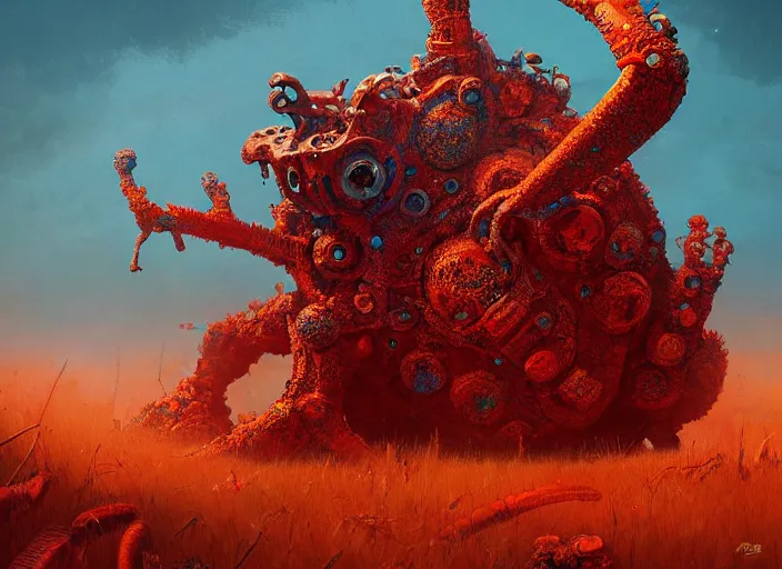 Prompt: A psychedelic refrum rust monster, vibrant color scheme, highly detailed, in the style of romanticism, cinematic, artstation, Moebius, Greg rutkowski