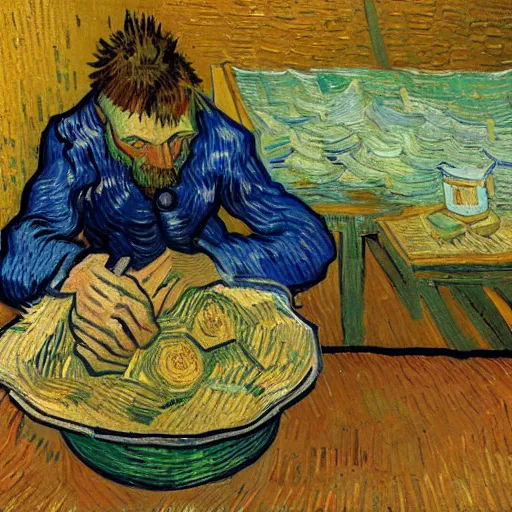 Image similar to vincent van gogh [ within bowl ]!!! resting on table, trending on artstation, cgsociety, [ overhead view ]!!, 4 k quality, intricately defined, professional photography, complexly detailed, polycount