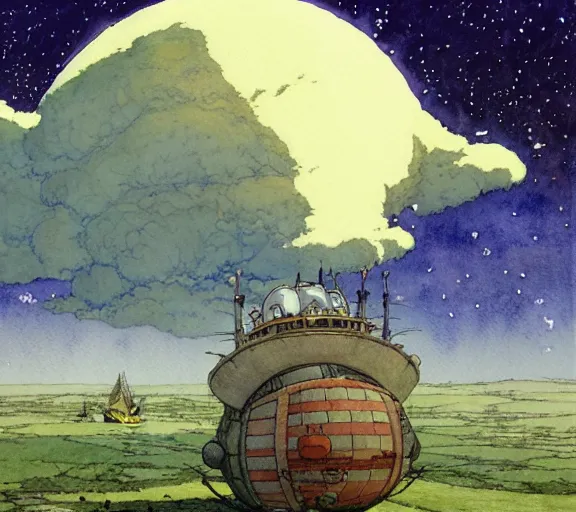 Image similar to hyperrealist studio ghibli watercolor fantasy concept art of an immense ufo from howl's moving castle sitting on stonehenge like a stool. it is a misty starry night. by rebecca guay, michael kaluta, charles vess