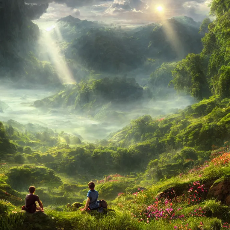 Image similar to a young man sitting and looking out at a lord of the rings scenery landscape, vast lush valley flowers, stream, sunrise, god's rays highly detailed, vivid colour, soft clouds, floral sunset, cinematic lighting, perfect composition, 8 k, gustave dore, derek zabrocki, greg rutkowski, belsinski, octane render
