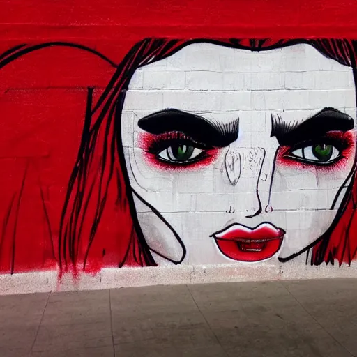 Prompt: a woman graffiti drawn on a white wall with a red felt - tip pen. a woman's eyes are made up of compound eyes.