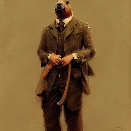 Image similar to portrait of a proud capybara dressed as a gentleman, artwork by gaston bussiere, craig mullins, trending on artstation, capybara wearing a gentleman's uniform