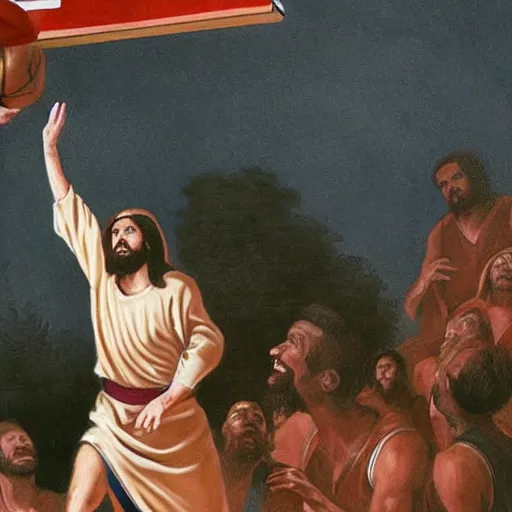 Image similar to Jesus wearing robes dunks a ball in the net while in a basketball court alone , hd