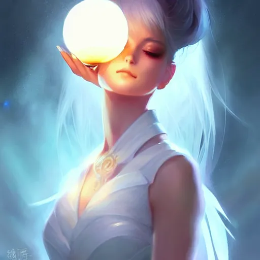 Image similar to a woman in a white dress holding a glowing ball | with nine white fox tails | a detailed painting by ross tran!!!!!!!!!!!!!!! | wlop and stanley artgerm lau | featured on deviantart | fantasy art | anime | 2 d game art | official art