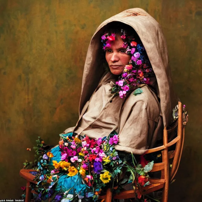 Image similar to closeup portrait of a woman with a hood made of flowers and rainbows, sitting in a chair in an abandoned house, by Annie Leibovitz and Steve McCurry, natural light, detailed face, CANON Eos C300, ƒ1.8, 35mm, 8K, medium-format print