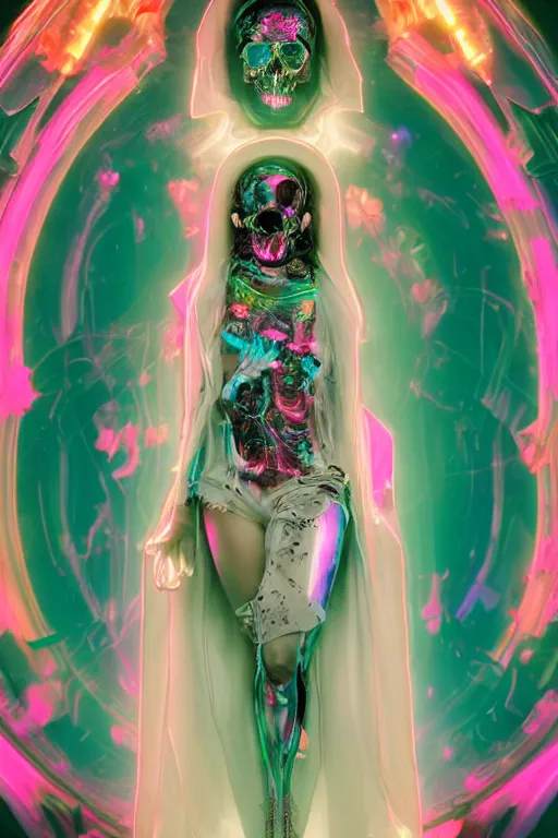 Image similar to photo of fullbody rococo and cyberpunk delicate neon crystalline sculpture of seductive muscular onyx albino marble royal zayn malik teal iridescent humanoid deity wearing hotpink plastic hooded cloak holding an onyx skull in a ruby space dungeon, reclining, glowing orange face, crown of white skulls, cinematic lighting, photorealistic, octane render 8 k depth of field 3 d