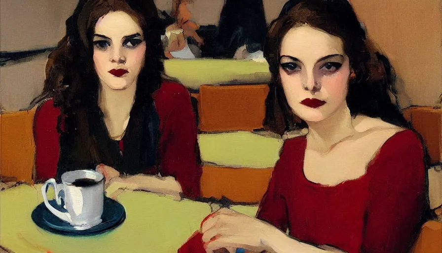 Image similar to painting by malcolm t liepke, young woman in cafe, detailed, stunning