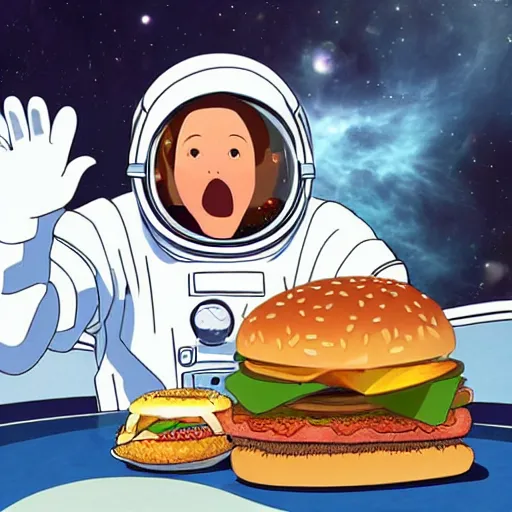 Image similar to a humanoid chicken!!!!! astronaut trying to eat a burger while floating inside of a space station, trending on artstation, cgsociety contest winner, 4 k quality, digital art, anime style, studio ghibli!!!!!