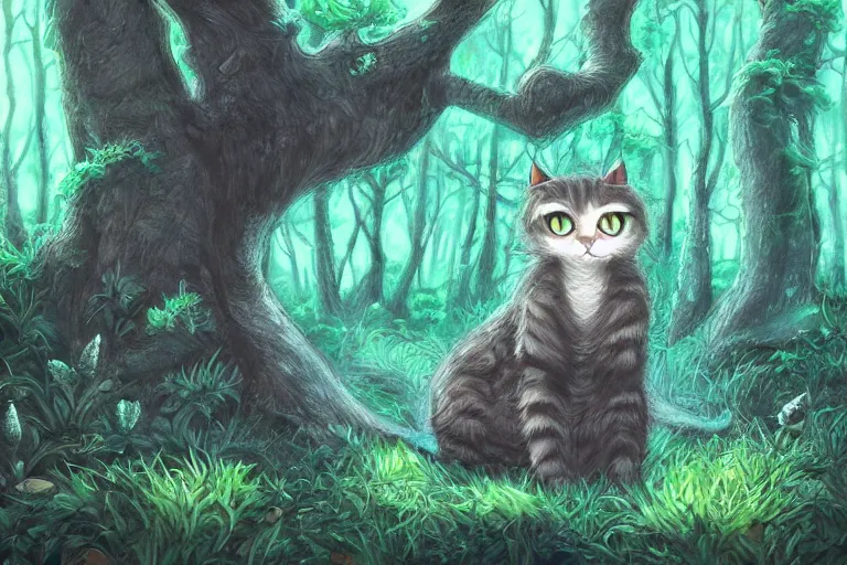Prompt: a cat in a dark forest, highly detailed, digital art, trending on artstation, backlighting, by kawacy, by ken sugimori, fan art