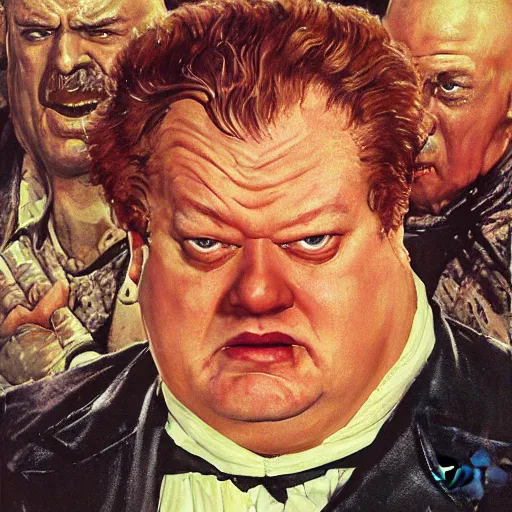 Image similar to head and shoulders portrait of actor Kenneth McMillan as baron harkonnen apoplectic with anger in dune 1982 movie, background dystopian scifi palace, painted by norman rockwell and tom lovell and frank schoonover