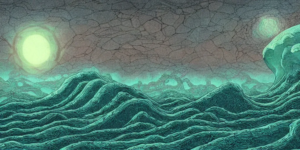 Image similar to desktop background inspired in H P Lovecraft novels, magma waves, highly detailed, realistic, fantastic