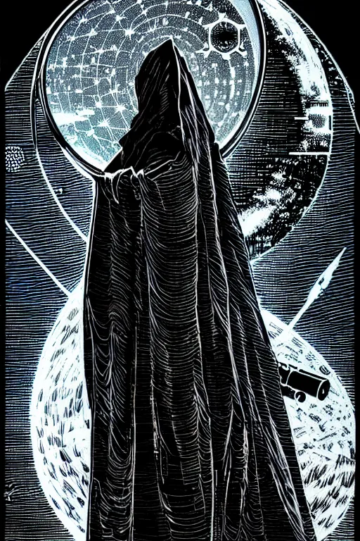 Prompt: cloaked wizard looking into a telescope, high details, intricately detailed, by vincent di fate, inking, 3 color screen print, masterpiece, trending on artstation,, sharp, details, hyper - detailed, hd, 4 k, 8 k