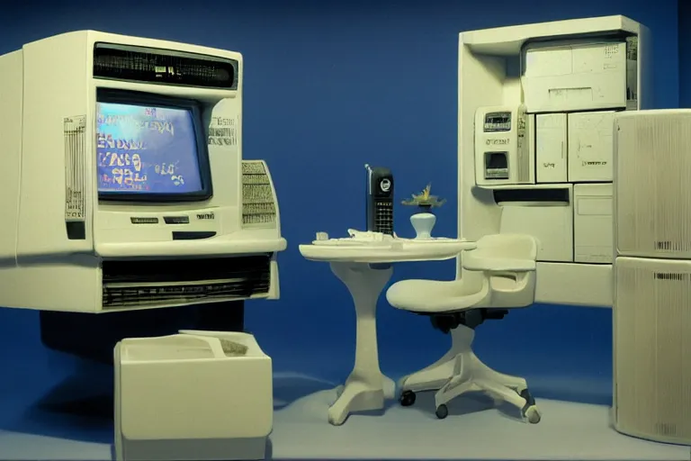 Prompt: an extremely realistic life-sized computer mainframe made of porcelain, beautiful model made of plastic sitting on a starry blue couch, from 1985, bathed in the glow of a crt television, low-light photograph