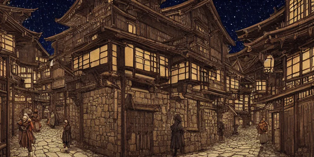 Prompt: Medieval Kyoto street at night landscape, crowded streets, 8K, trending on artstation, golden ratio, rule of thirds, low key, extremely high detail, concept art, art by Kentaro Miura