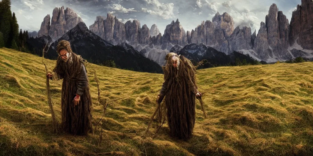 Image similar to alpine farmer transforming into a monster ,roots and hay coat, dolomites in background, dark, eerie, despair, portrait photography, artstation, digital art, concept art, artstation, highly detailed, sharp focus, by caravaggio