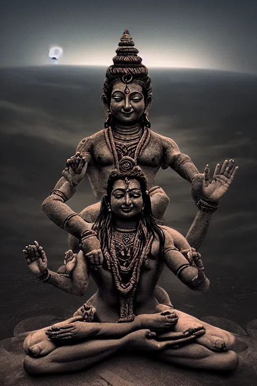 Prompt: One many-armed Shiva sitting in the lotus position. Nuclear explosion on the background. Dark colors, high detail, hyperrealism, horror art, masterpiece, close-up, zoom, concept art, octane render, biopunk, body-horror, ceremonial portrait, solo, macrophoto, art