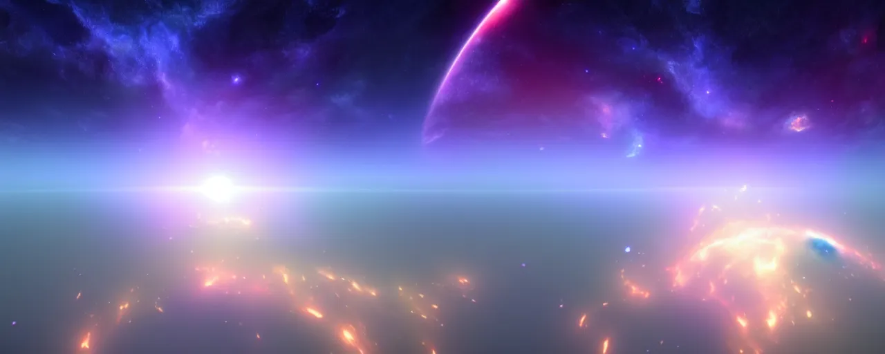 Image similar to minimalist cinematic scifi render of atmospheric space, nebula, hubble, homeworld skies, volumetric lighting, 4 k, 8 k, hd