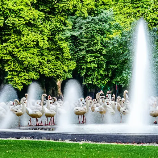 Image similar to a group of geese by a park fountain, 50mm Sigma lens, shot on a Sony A7siii