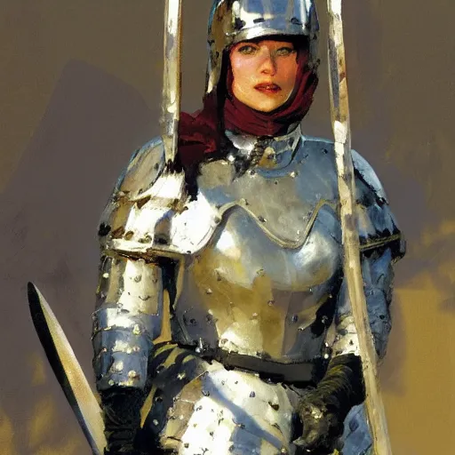 Prompt: portrait of woman wearing helmet and gambeson and chainmail swinging sword, aggressive stance, detailed by greg manchess, craig mullins, bernie fuchs, walter everett