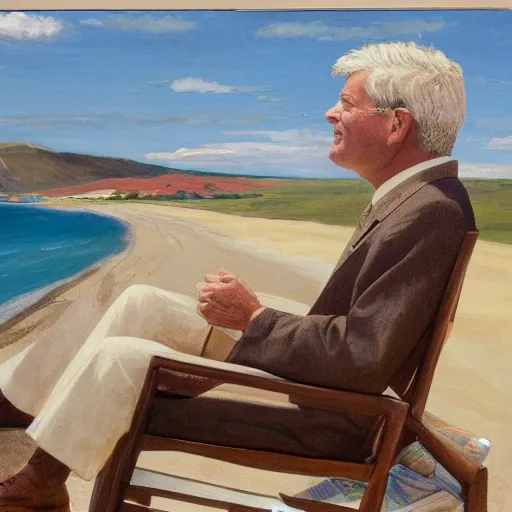 Image similar to portrait of john f kennedy, wrinkled, grey hair sitting on rocking chair, landscape of nantucket beach, dunes, ocean, bluff, handsome, hawaiian shirt, oil on canvas by william sidney mount - 1 9 8 2, trending on artstation