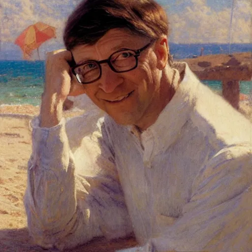 Prompt: detailed cinematic shot of bill gates with white clothes in the mediterranean beach, spring light, painting by gaston bussiere, craig mullins, j. c. leyendecker