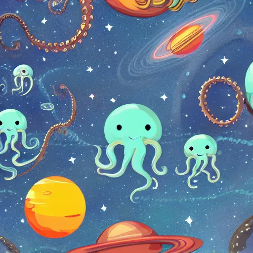 Image similar to space octopus planets stars tentacles eyes light forward facing arms