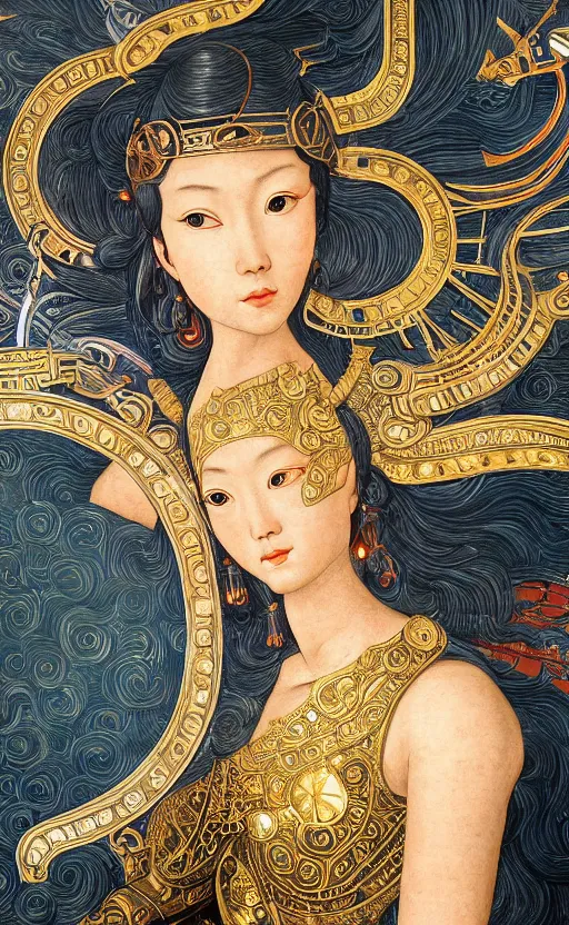 Image similar to beautiful mural of a young asian cyborg queen, piercing glowing robot eyes, elegant, striking composition, highly detailed ornate sci fi background, mural in the style of sandro botticelli, caravaggio, albrecth durer, 8k