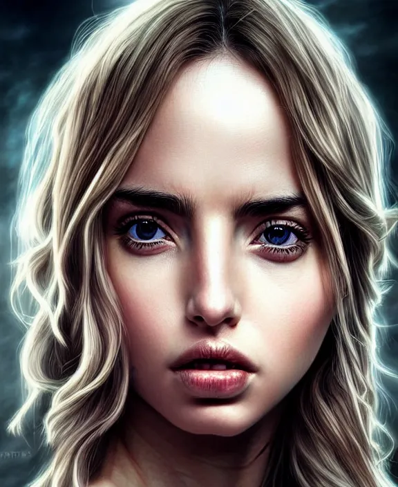 Prompt: beautiful fantasy character portrait, ana de armas, fallen angel, hyper realistic, highly detailed by ozabu