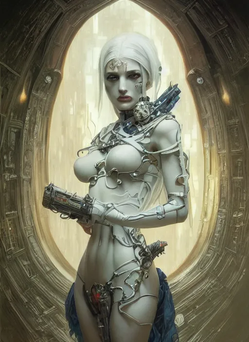 Image similar to portrait of beautiful pale gothic maiden, warhammer 40000, cyberpunk, intricate, elegant, highly detailed, digital painting, artstation, concept art, smooth, sharp focus, illustration, art by artgerm and greg rutkowski and alphonse mucha and Gustav Klimt and Ilya Kuvshinov and WLOP