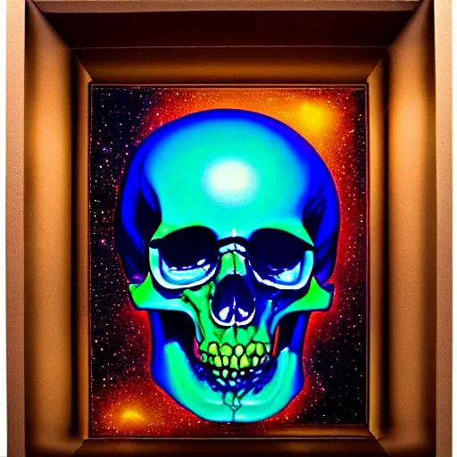 Prompt: peer into the depths of the endless cosmic void, shine a light on your darkest terror the crystal skull of the wizard claybore, robert vardeman oil on canvas, photographic hyperrealism