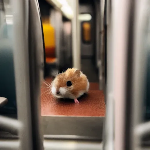 Image similar to photo of a metro train interior, a tiny hamster is sitting on a seat, various poses, unedited, soft light, sharp focus, 8 k