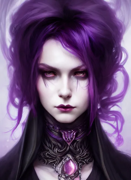 Image similar to portrait dark witch, adventurer outfit large cloak, fantasy forest landscape, dragon scales, fantasy magic, undercut hairstyle, short purple black fade hair, dark light night, intricate, elegant, sharp focus, illustration, highly detailed, digital painting, concept art, matte, art by wlop and artgerm and greg rutkowski and alphonse mucha, masterpiece