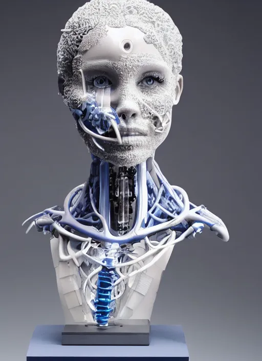 Image similar to a bust sculpture of anatomical detailed cyborg, meghan markle, blue blood, become human, ceramic base, orthographic, studio lighting