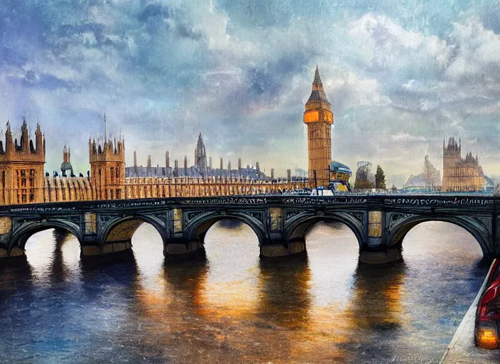 Image similar to beautiful london bridge in england, 8 k, matte painting, in the style of artist, ann stokes