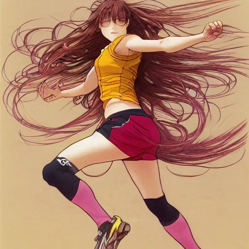 Prompt: a girl is running, sport clothing, anime style, long hair, hair down, symmetrical facial features, from yowamushi pedal, hyper realistic, octane, rule of thirds, extreme detail, detailed drawing, trending pixiv, realistic lighting, by alphonse mucha, greg rutkowski, sharp focus, backlit, high budget show, realistic anatomy