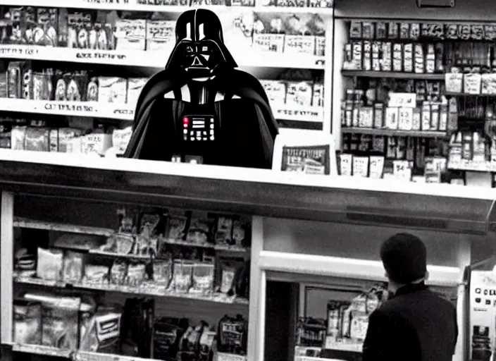 Prompt: film still of Darth Vader working as a clerk in a convenience store in Clerks movie 1994