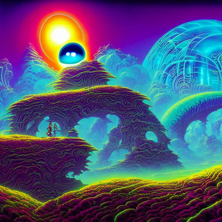 Image similar to mysterious eyeball hovers over mythical crystal temple, fractal waves, synthwave, bright neon colors, highly detailed, cinematic, tim white, michael whelan, roger dean, bob eggleton, lisa frank, vladimir kush, kubrick, kimura, isono