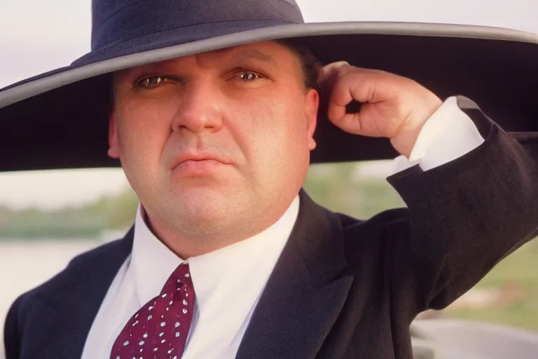 Prompt: cinematic still of portly clean-shaven white man wearing suit and necktie and boater hat as car salesman in 1994 film, XF IQ4, f/1.4, ISO 200, 1/160s, 8K, RAW, dramatic lighting, symmetrical balance, in-frame