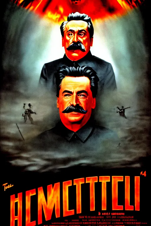 Image similar to movie poster, stalin in hell, scary poster in color, poster in 4 k