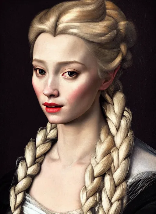 Image similar to a masterwork portrait of elsa from frozen in the style of a renaissance painting, insane detail, chiaroscuro oil painting, jan matejko, caravaggio, jan van eyck, trending on artstation, artgerm