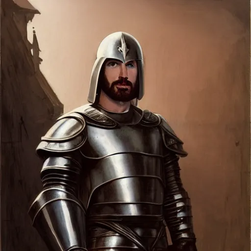 Image similar to half length portrait of chris evans as a martial cleric in plate armor, morningstar, d & d, medieval, fantasy, greg rutkowski, frank frazetta, alexandre chaudret, boris vallejo, michael whelan, miro petrov, hr giger