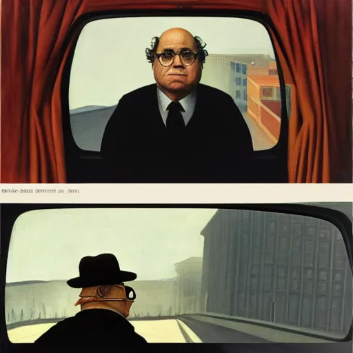 Prompt: Danny Devito as a cab driver by Raphael, Hopper, and Rene Magritte. detailed, romantic, enchanting, trending on artstation.