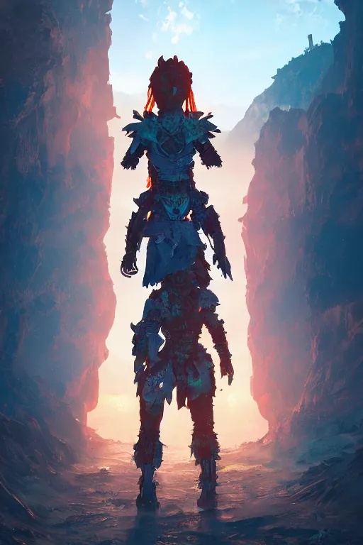 Image similar to combination suit armor aloy horizon forbidden west horizon zero dawn radiating a glowing aura global illumination ray tracing hdr fanart arstation by ian pesty and alena aenami artworks in 4 k tribal robot ninja mask helmet backpack